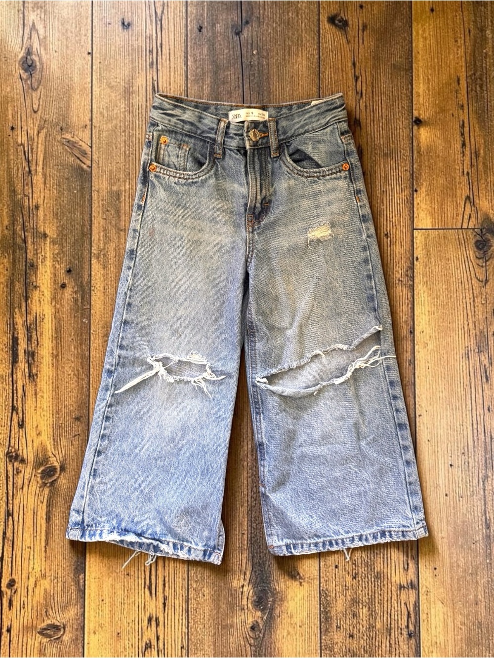 Zara Girls Distressed Light Wash Wide Leg Jeans Size 6 / 116